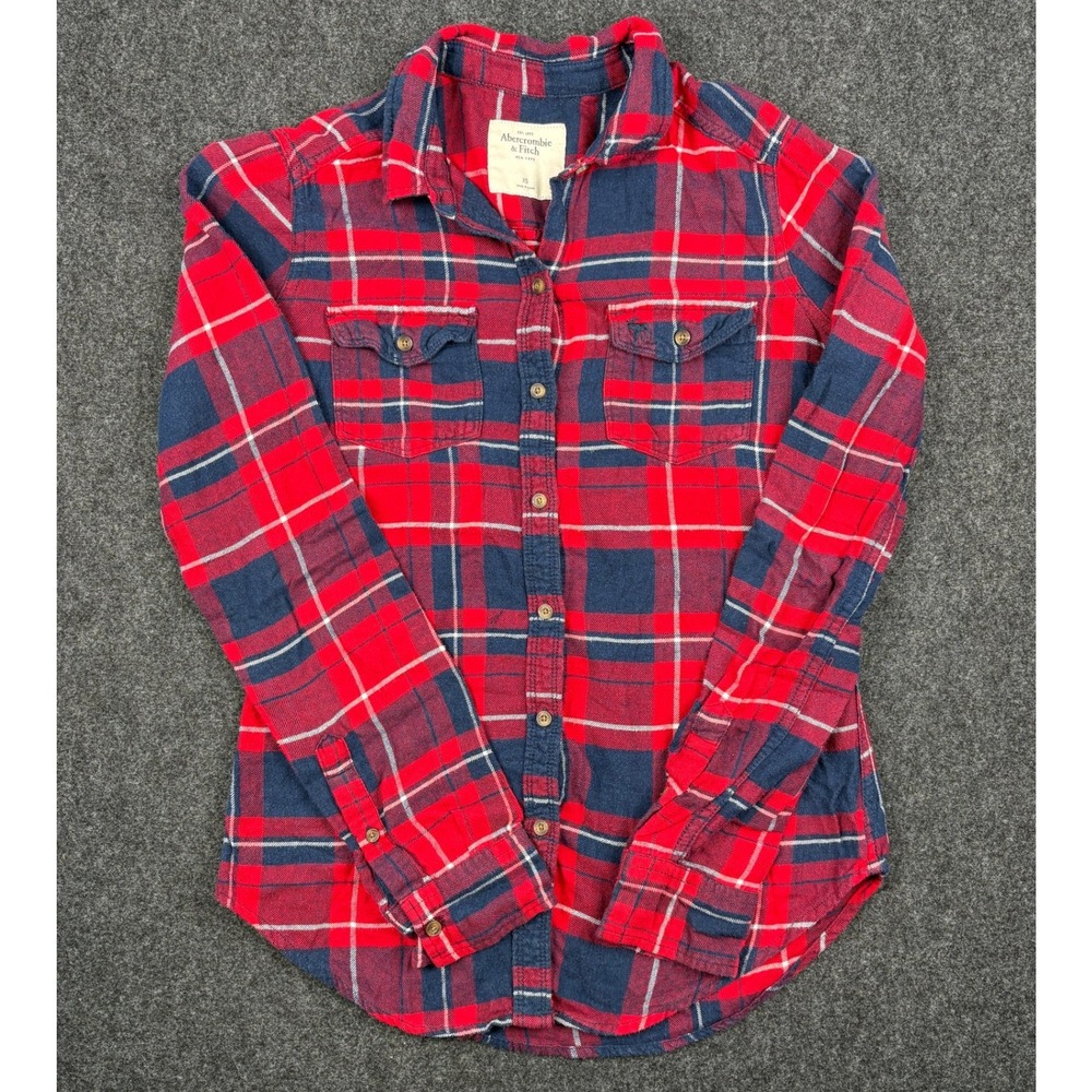 Y2K Abercrombie & Fitch Red Navy Blue Plaid Flannel Button Down Shirt Womens XS